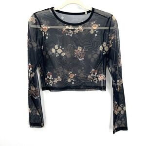Urbanic y2k whimsigoth long sleeve sheer mesh floral top crop boho rave black M